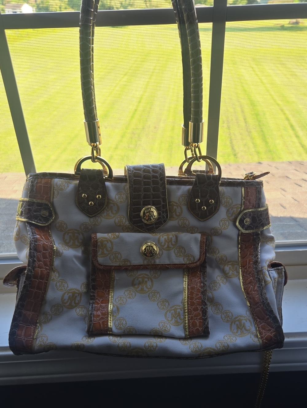 Miss Tina Monogram Handbag White Ivory Gold Croc Print Shoulder Bag Satchel Y2K